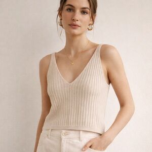 Simons Ribbed Knit V-neck Tank Top XS Cream Cotton Blend | Screen Worn on TV